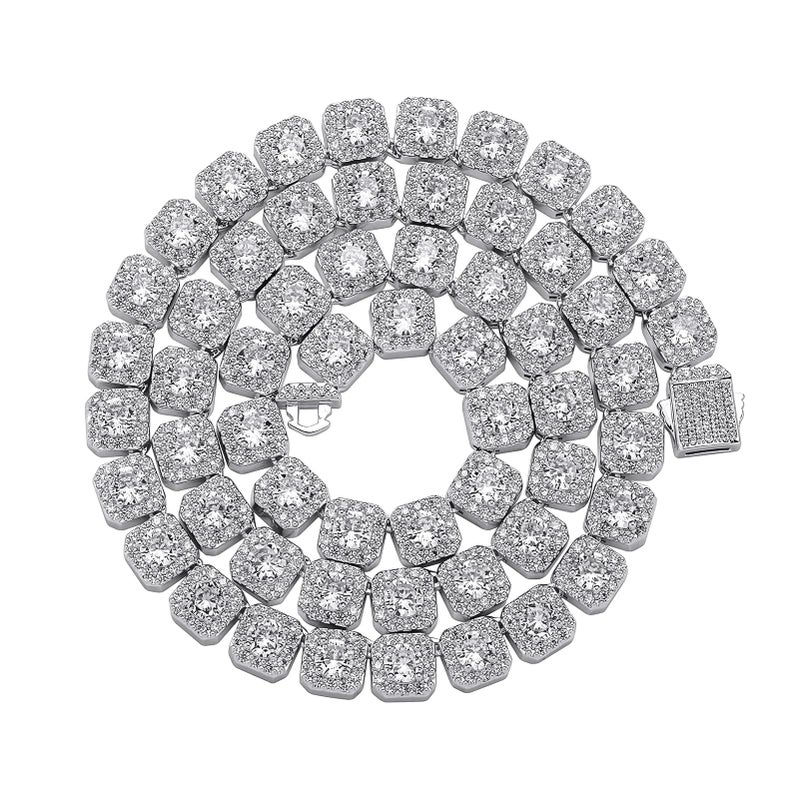 JINAO 10mm Silver Cluster Iced Out Jumbo Tennis Necklace Chain 18k Gold Plated Iced Out Cubic Zirconia Lab Simulated Diamond Square Halo Necklace Tennis Link Chain for Men Women (White Gold, 22) - Image 1